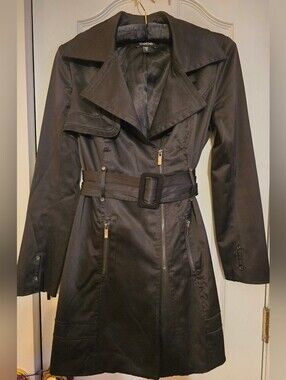 Bebe Black Y2K Vintage Satin Dress Trench Coat Jacket Belted EUC
